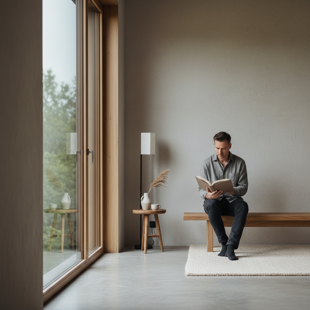 Stilren bild på en man som läser en bok i ett välbelyst, enkelt rum med naturliga material och lugn atmosfär, omgiven av naturljus från ett högt fönster