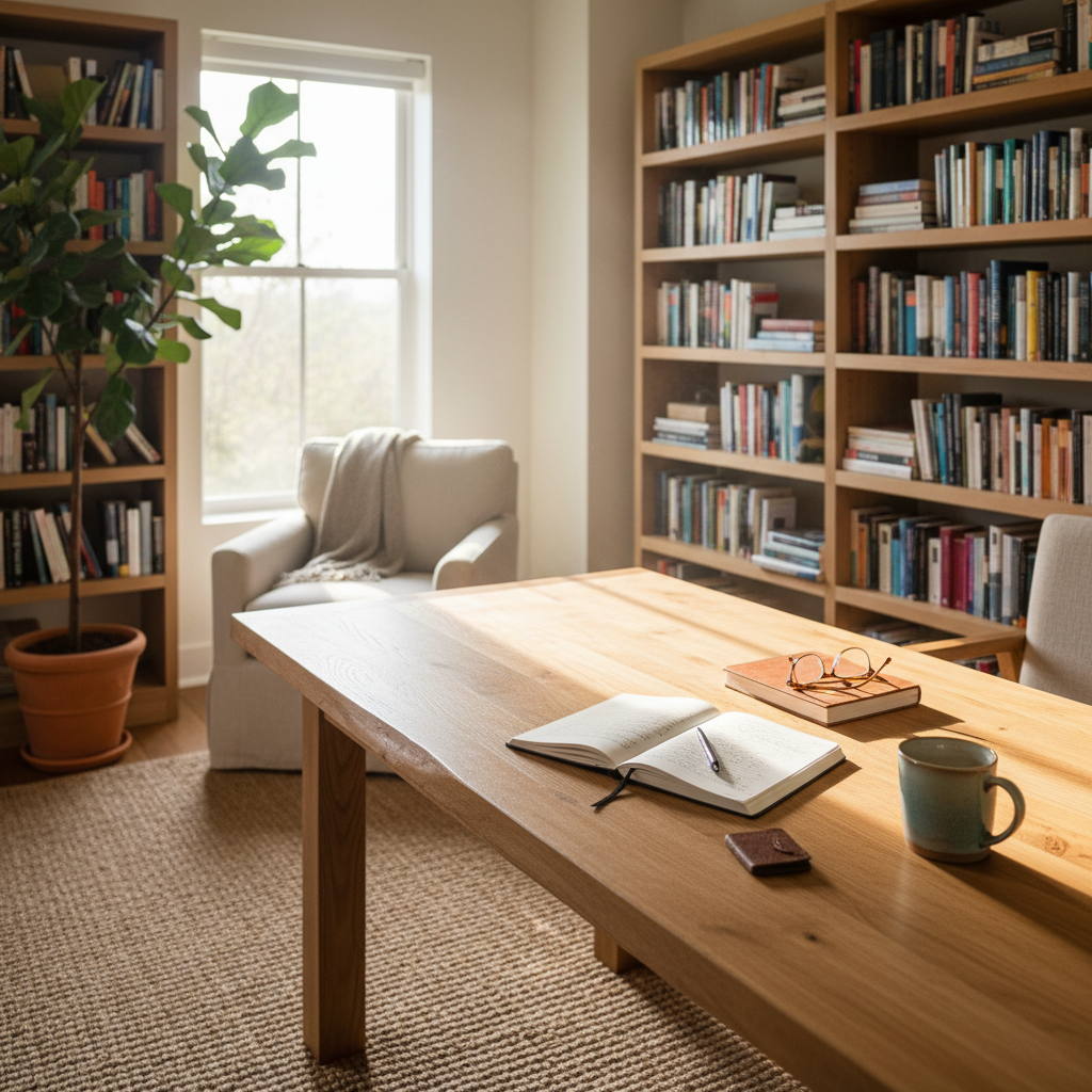 Välbelyst läsrum med böcker och naturliga material, skrivbord med anteckningsblock och en kaffekopp, fokus på studier och fördjupning