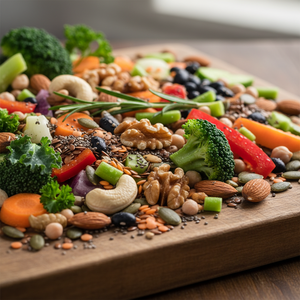 Närbild på blandning av råa hälsosamma ingredienser – nötter, frön, baljväxter och grönsaker på ett träunderlag, fokus på textur och naturlighet