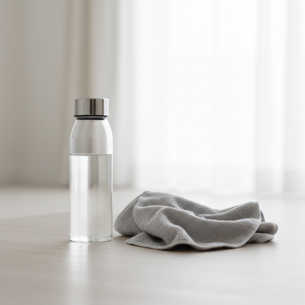 Enkla träningsattribut – en vattenflaska och en hopvikt handduk på ett ljust och lugnt underlag, fokus på enkelhet och förberedelse