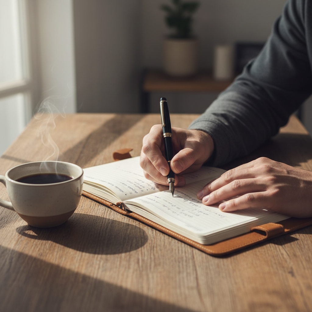 Närbild av en mans händer som skriver i en anteckningsbok på ett trä bord, omgiven av en kopp och naturligt ljus, fokus på reflektion och planering