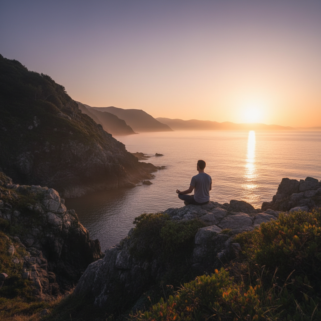 Man som mediterar på en klippa vid havet i gryningen, omgiven av mörk natur och lugnt vatten, med varmt morgonljus