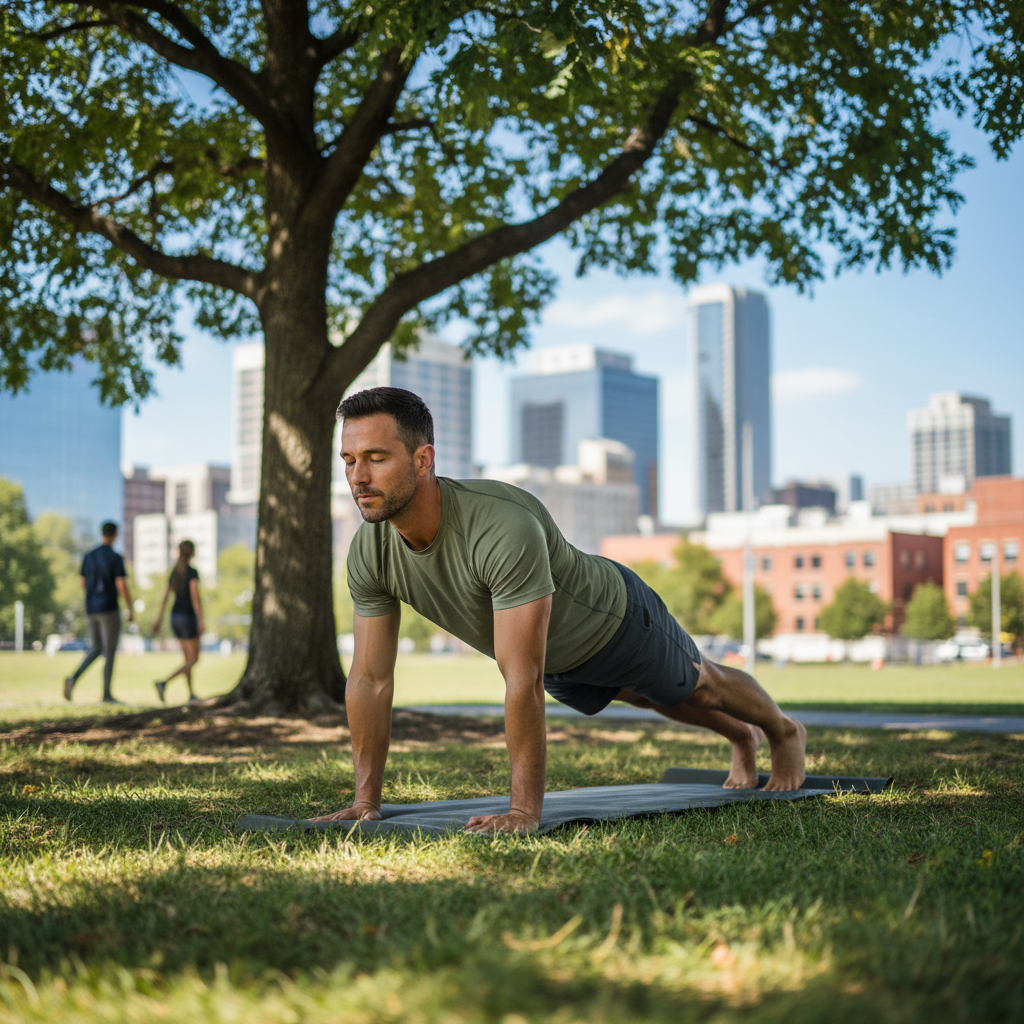 Man som utför ett lugnt pass med kroppsviktsövningar utomhus i ett stadspark, fokus på kontroll och andning