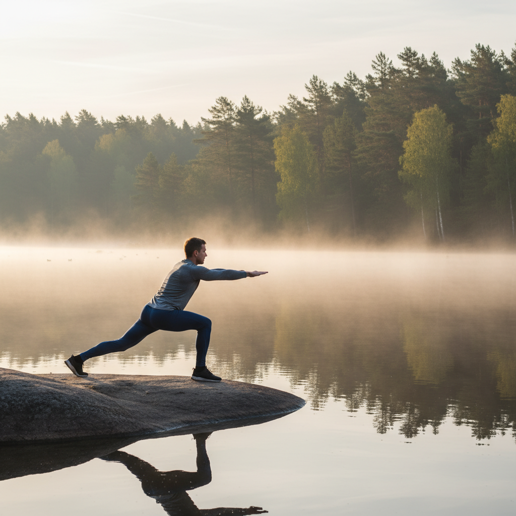 Man som stretchar och utför rörlighetsövningar vid en sjö i tidig morgonljus, omgiven av natur och dimma
