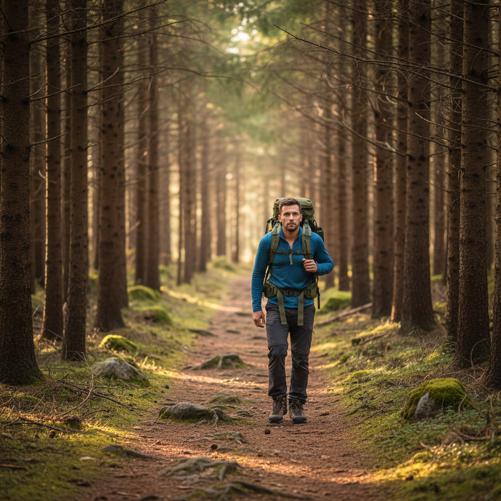 Man som vandrar längs en skogsled omgiven av höga tallar och mjukt naturljus, med ryggsäck och fokuserat blick framåt